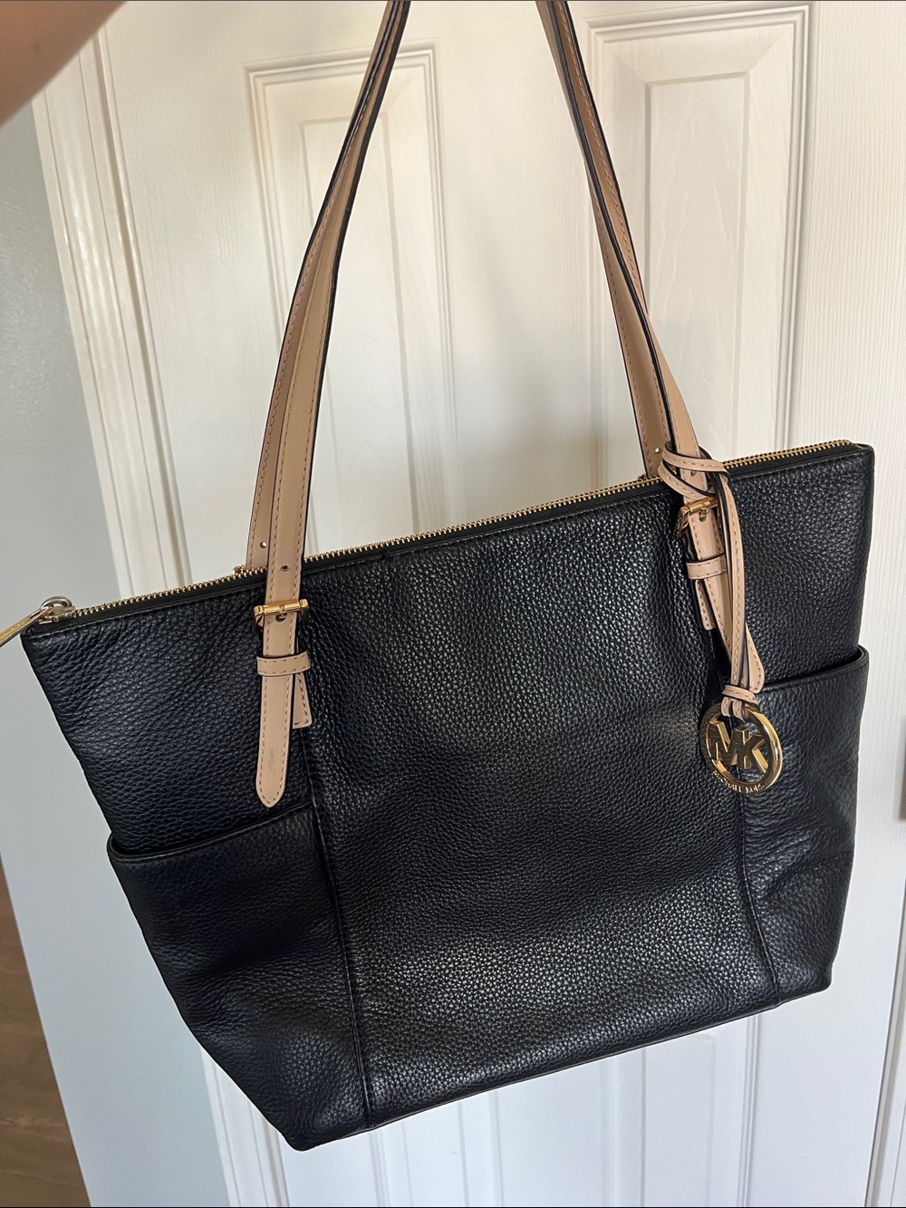 Michael Kors Jet Set Black Leather Tote with Tan Straps and Gold MK Charm - Picture 16 of 16